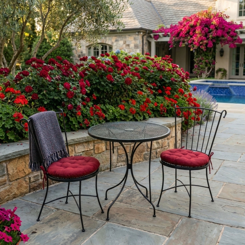 Chair Cushion Round Shape Vibrant Red Bistro Style Tie Backs Garden