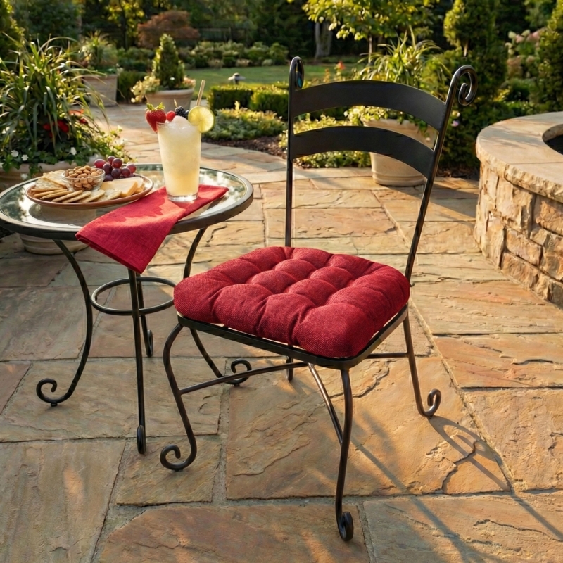 Chair Cushion Tufted Design Vibrant Red Hue Tie Backs Outdoor Ready