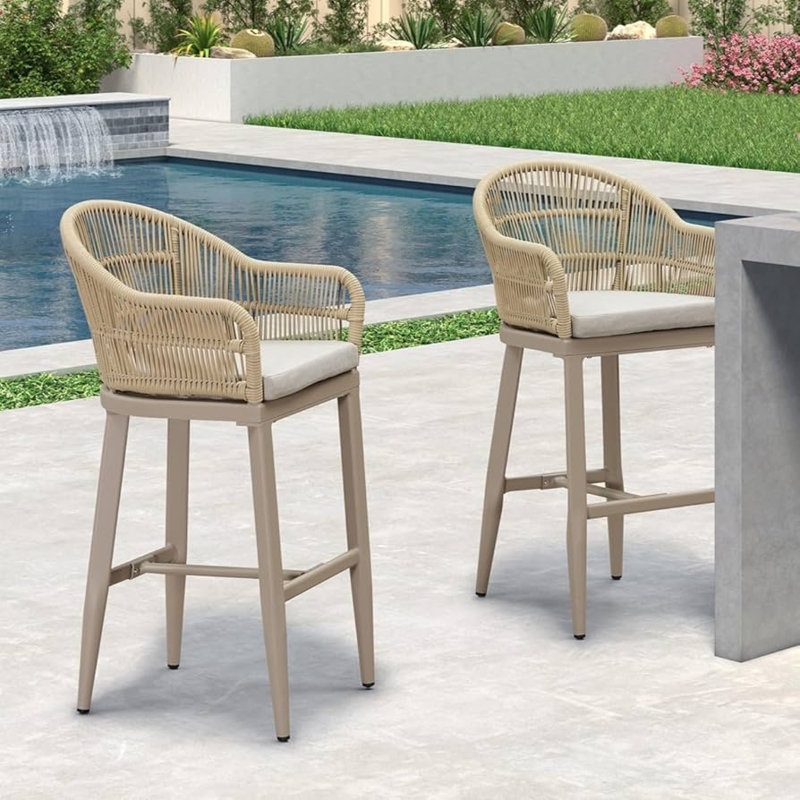 Champagne Metal Patio Bar Stools, Woven Backrest, Off-White Cushions