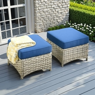 Charcoal Finish Woven Wicker Ottoman for Modern Gray Patio Seating