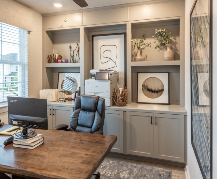 Charcoal Gray Home Office Cabinets With Glass Paned Uppers