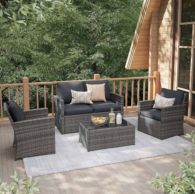 Charcoal Gray Rattan Garden Furniture with Tiered Glass Coffee Table