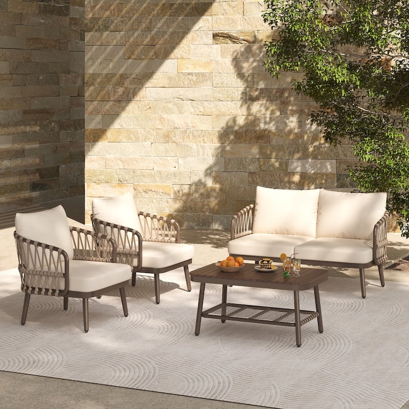 Charcoal Grey Patio Seating Idea Woven Rope Back Wood Table