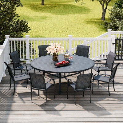 Charcoal Patio Dining Set, Round Slatted Metal Table, Seating for Eight.