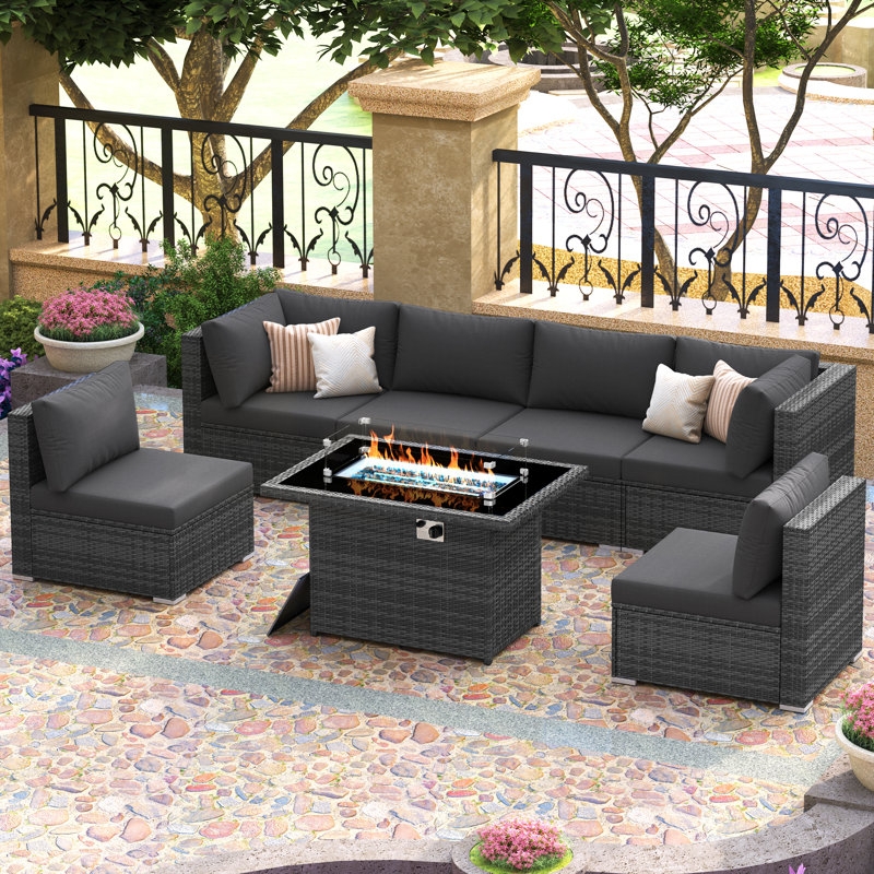Charcoal Wicker Outdoor Sectional Set with Fire Pit & Umbrella