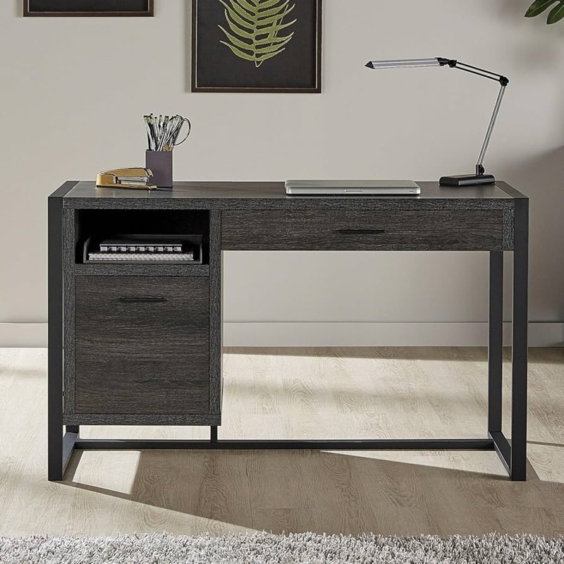 Charcoal Writing Desk with Asymmetric Storage Cabinet and Open Shelf