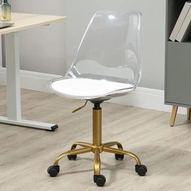 Chic White Padded Rolling Chair with Quilted Seat and Polished Gold Base