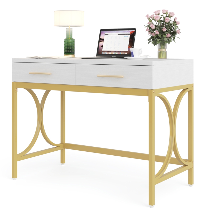 Chic Writing Desk with Polished Gold Frame and Two Storage Drawers