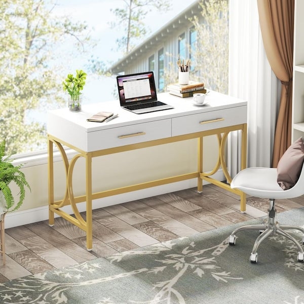 Chic Writing Desk with Two Drawers and Gold X-Base Legs, White Finish