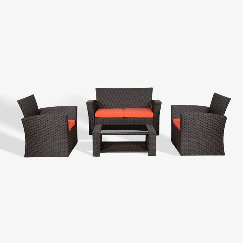 Chocolate Brown Wicker Outdoor Conversation Set Beige Cushions Loveseat