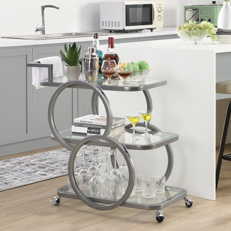 Chrome Bar Cart with Curved Handles and Locking Caster Wheels