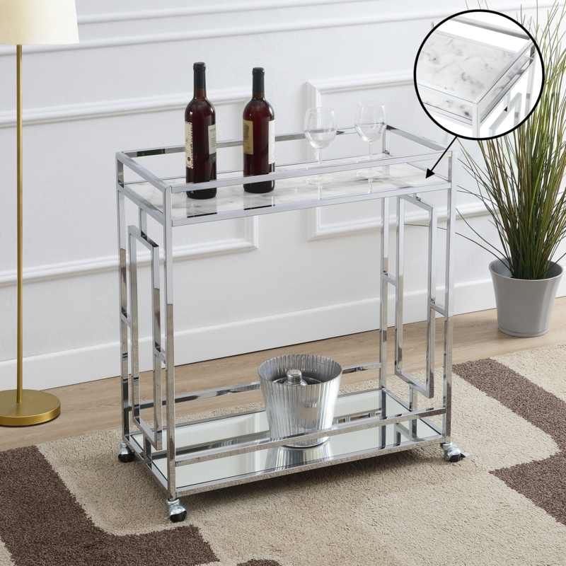 Chrome Bar Cart with Faux Marble Top and Mirrored Shelves