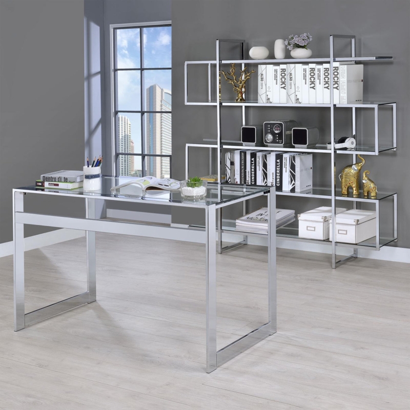 Chrome Home Office Writing Desk with Glass Top and X-Frame Legs