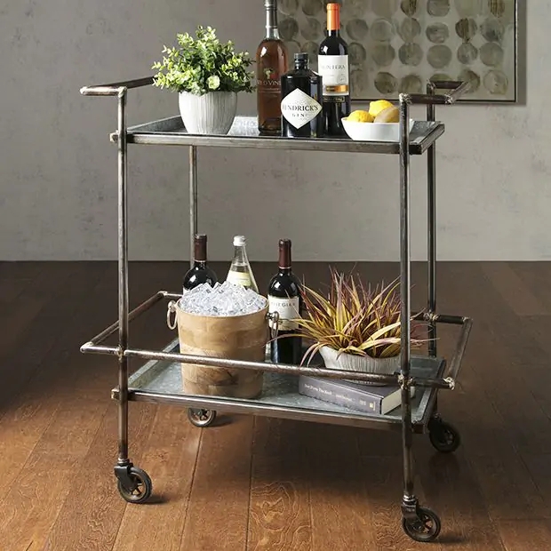 Circular Galvanized Metal Bar Cart, Modern Farmhouse Drink Station