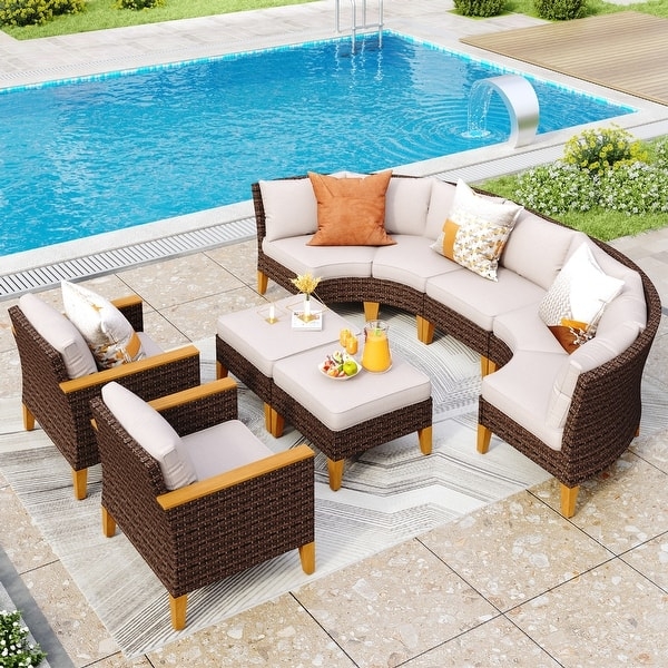 Circular Sectional Sofa with Half-Moon Shape and Cyan Blue Cushions