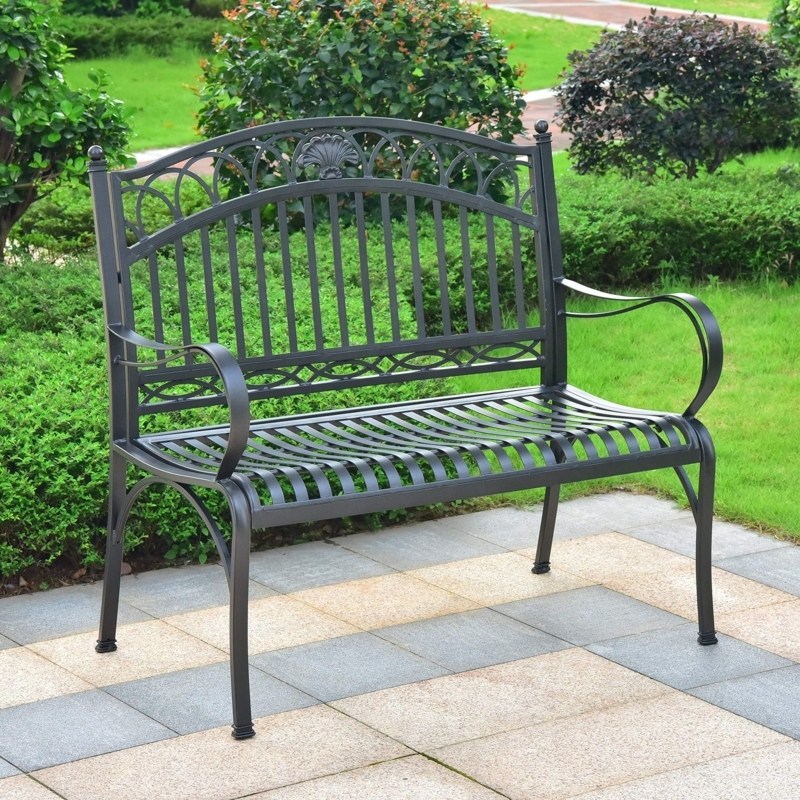 Classic Black Iron Garden Bench with Scrolled Arms and Slatted Back
