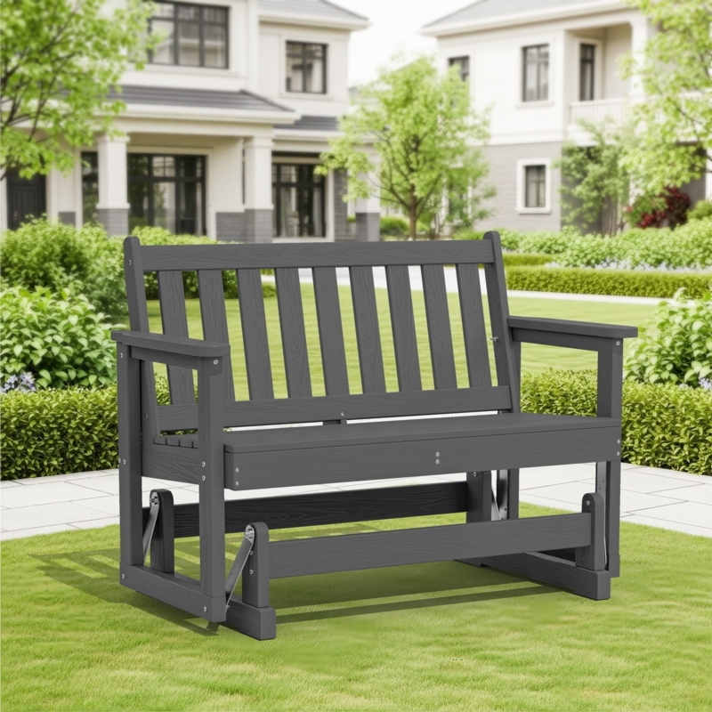 Classic Black Outdoor Glider Bench with Slatted HDPE Design