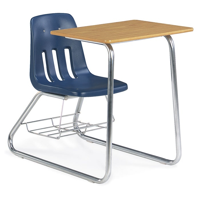 Classic School Desk with Bookrack Navy Blue Integrated Chair Sled Base