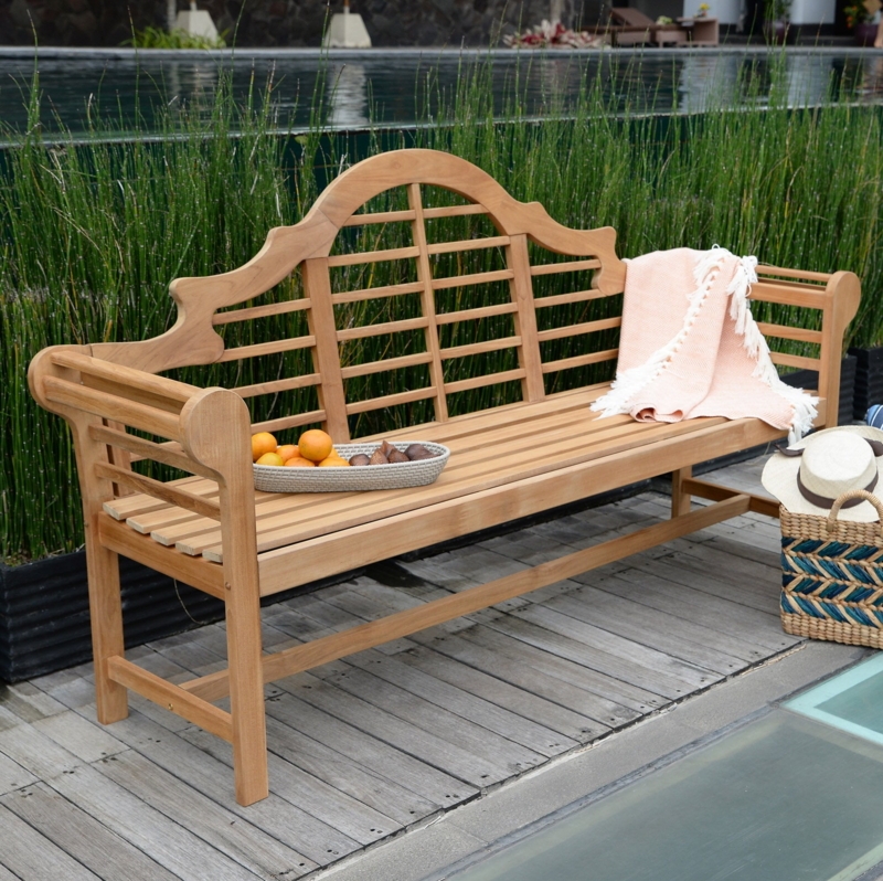 Classic Wood Garden Bench. Vertical slat back, curved arms, natural finish.