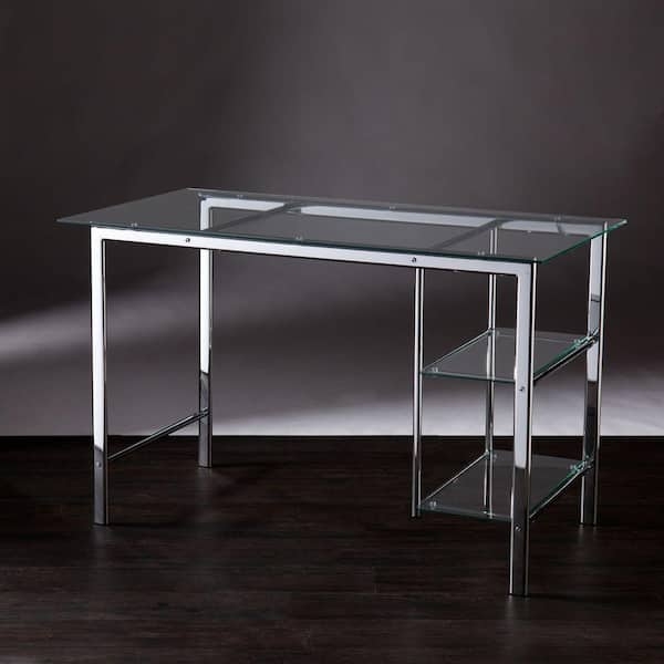 Clear Glass Writing Desk with Sawhorse Style Chrome Trestle Base