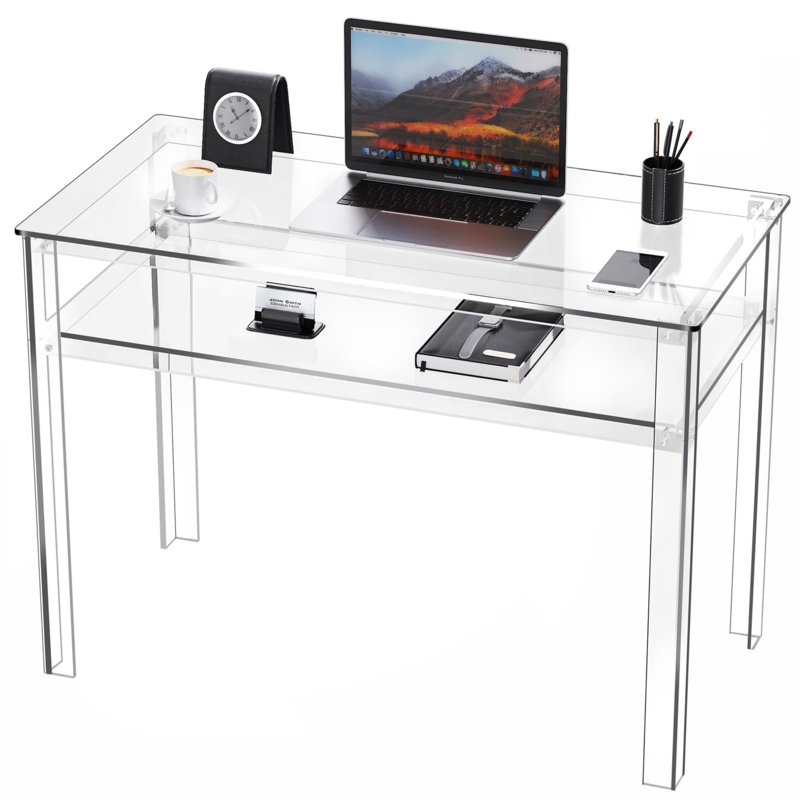 Clear Writing Desk featuring Open Storage and Waterfall Edge