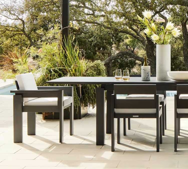 Coastal Chic Outdoor Dining Set Slatted Wood Woven Armchairs