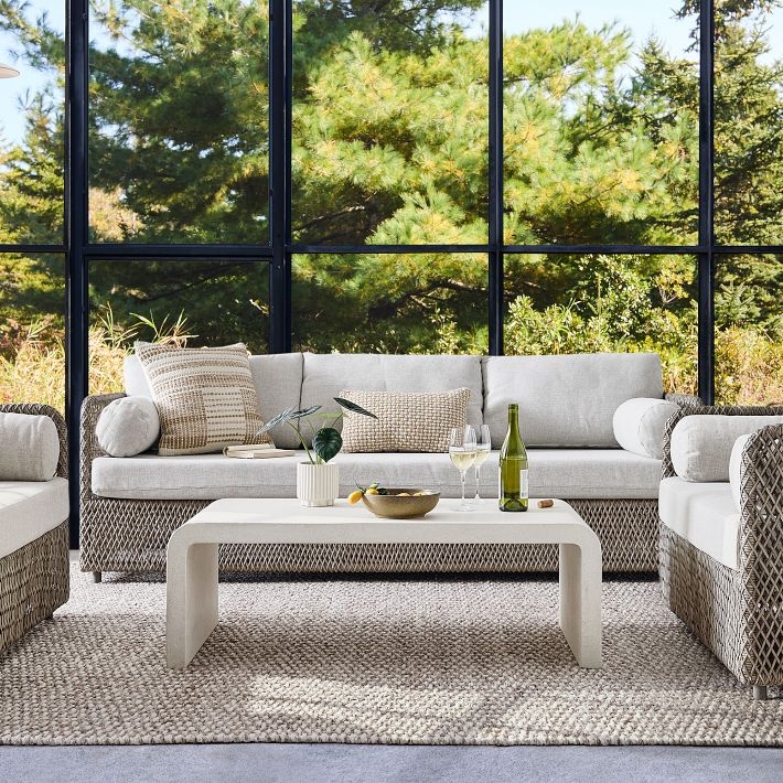 Coastal Modern Wood Frame Outdoor Sofa with Gray Cushions