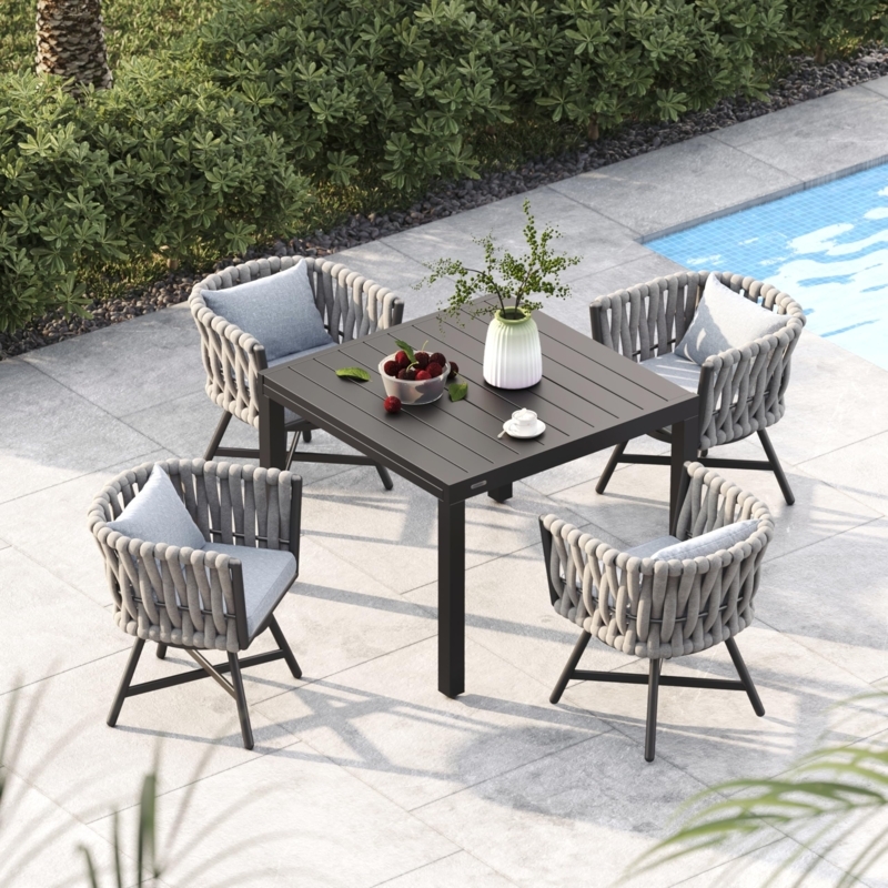 Coastal Outdoor Dining Set: Gray Rope Swivel Chairs, Slatted Table.