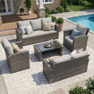 Coastal Patio Conversation Set, Grey Wicker, Slatted Top Table