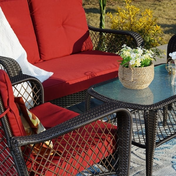 Coastal Patio Conversation Set: Woven Texture, Geometric Rug Layout