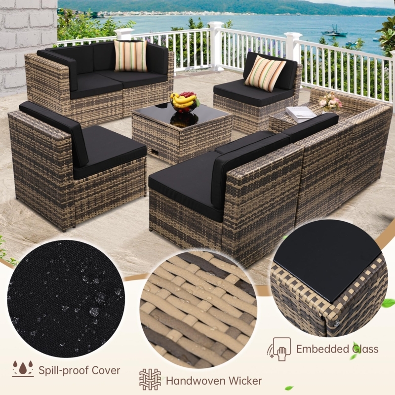 Coastal Sectional Sofa, Dark Brown Wicker with Hidden Storage