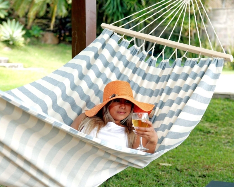 Coastal Striped Hammock with Spreader Bars and Ornate Fringe
