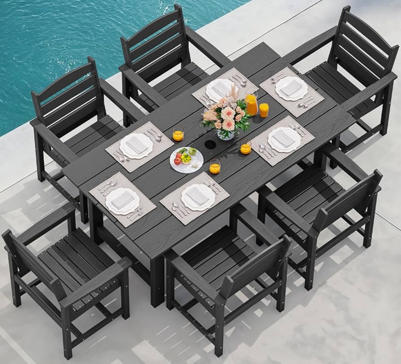 Coastal Style 7-Piece Patio Dining Set Black HDPE Slatted Backs