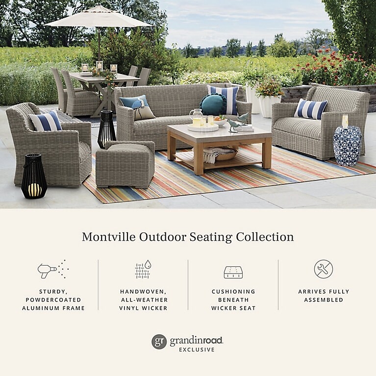 Coastal Woven Wicker Ottoman with Braided Base Trim Detail