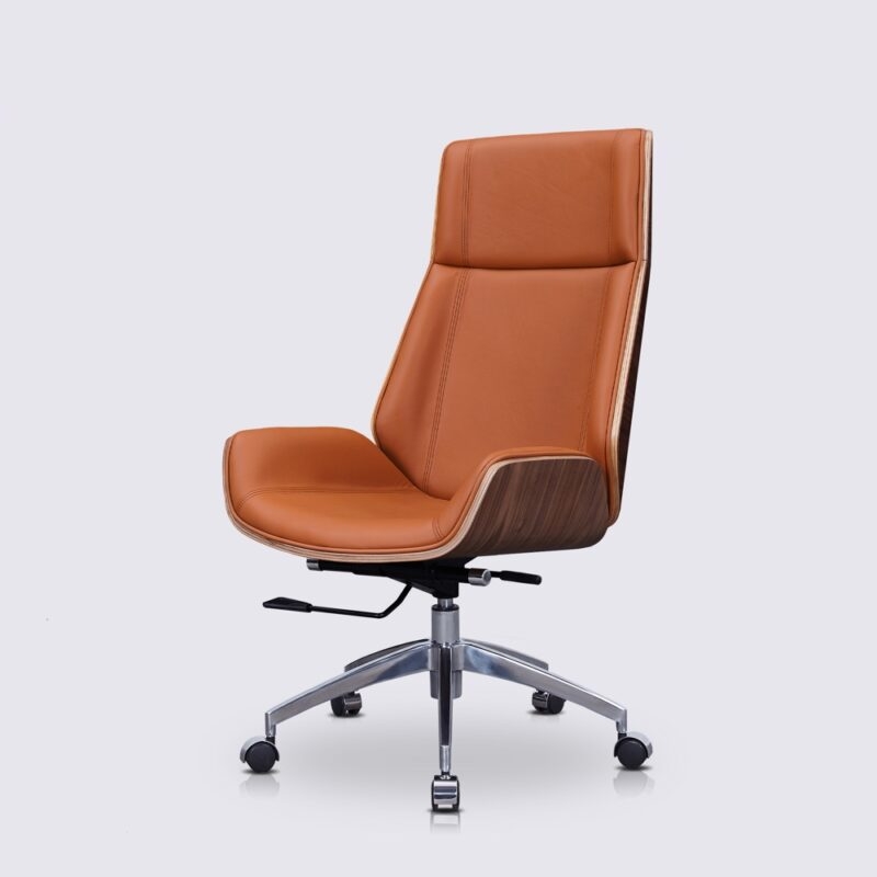 Cognac Leather and Walnut Desk Chair with Ribbed Wood Toned Shell