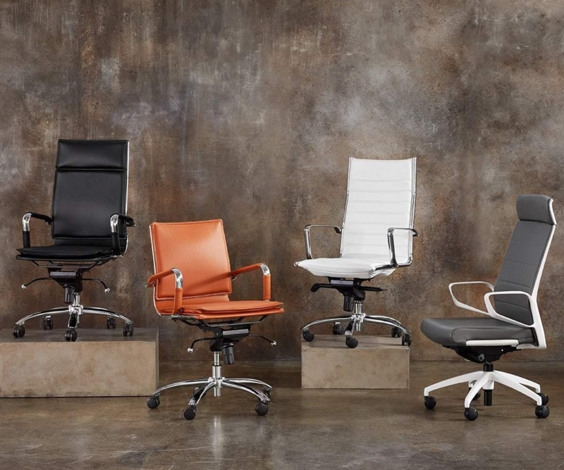 Cognac Leather Office Chair High Back Channel Stitched Ribbing