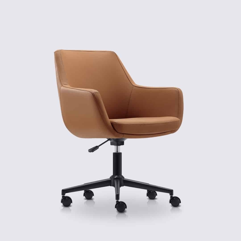 Cognac Leather Office Chair with Bentwood Armrests Matte Black Base
