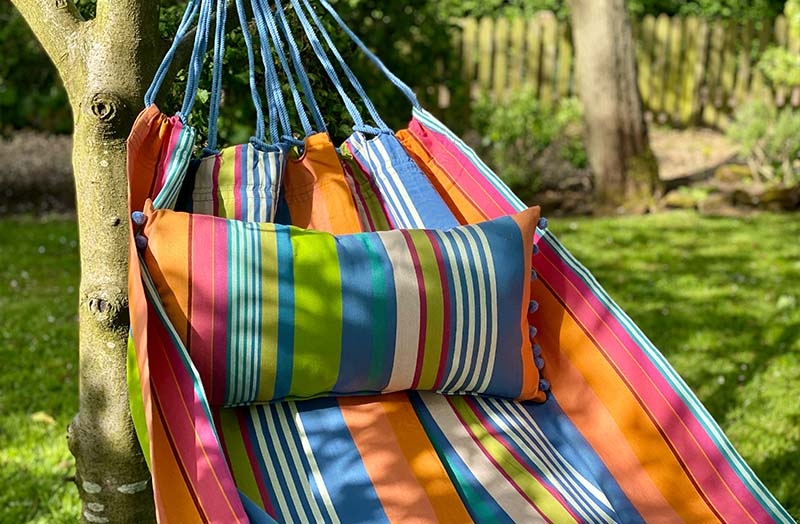 Colorful Striped Fabric Hammock with Wooden Spreader Bars