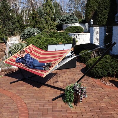 Colorful Striped Hammock Curved Metal Stand Deck Relaxation Setup