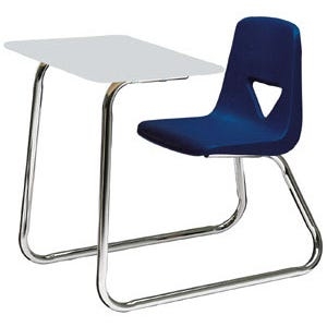Combo Desk Sled Base Navy Blue Integrated Chair and Desk Unit Chrome