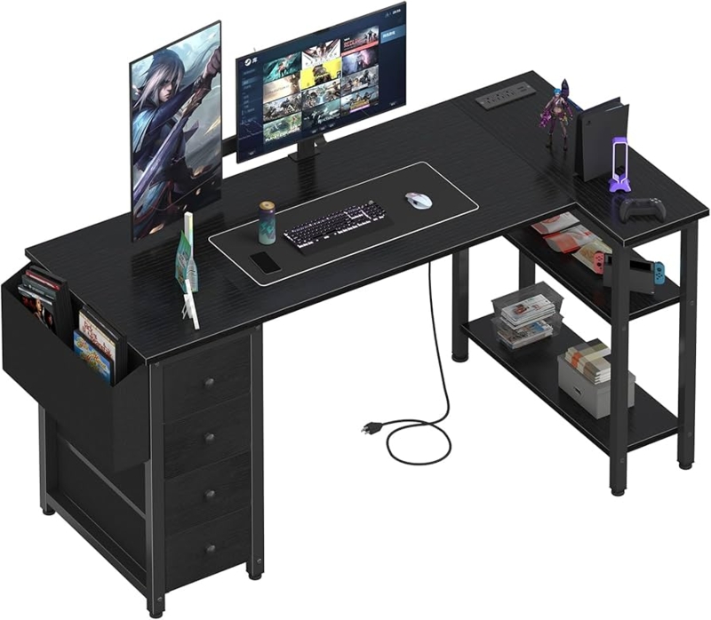Compact Black L-Shaped Computer Desk with Fabric Storage Drawers