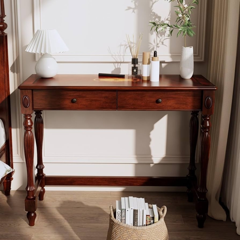 Compact Cherry Writing Desk with Two Storage Drawers and Tapered Legs