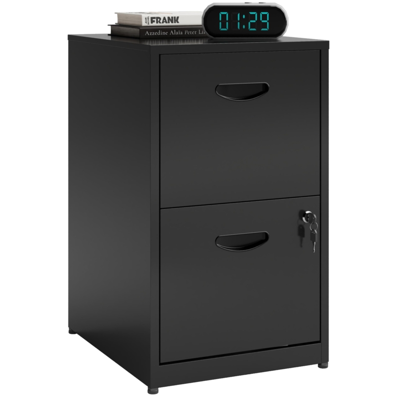 Compact File Cabinet: Black Metal Two Drawer Locking Office Storage