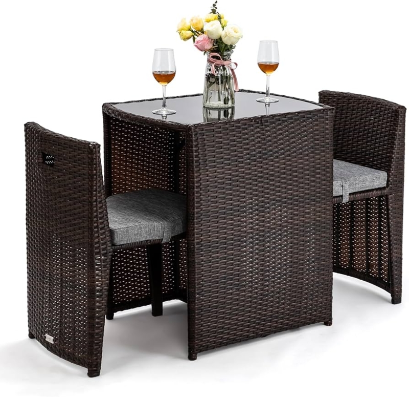 Compact Patio Bistro Set Woven Texture Glass Top Small Balcony Bistro Seating