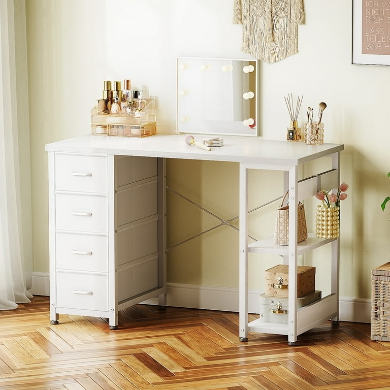 Compact Teen Computer Desk with Shelves and Grey Fabric Drawer