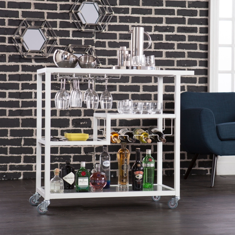 Compact Vertical Bar Cart in White with Wine Bottle Rack