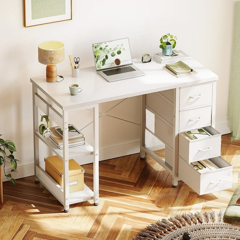 Compact White Computer Desk featuring a Grey Fabric Storage Drawer