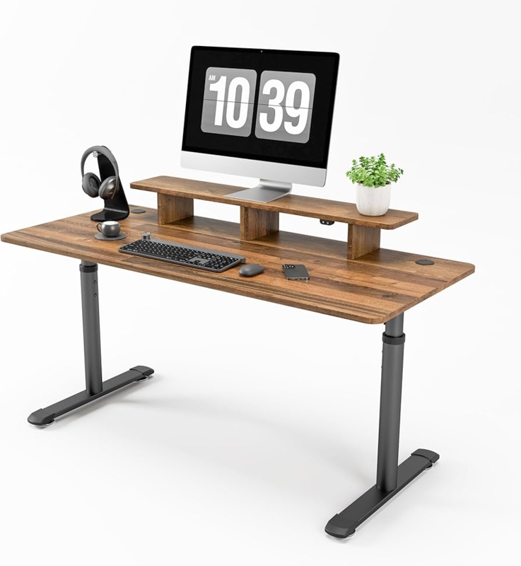 Computer Desk 60 Inch Wood Toned with Monitor Stand Shelf and LEDs