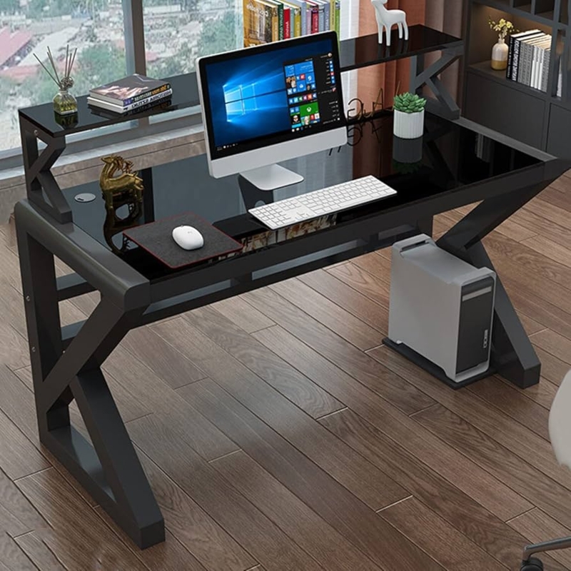 Computer Desk Black Metal with Integrated Vertical Bookshelf Glass Top