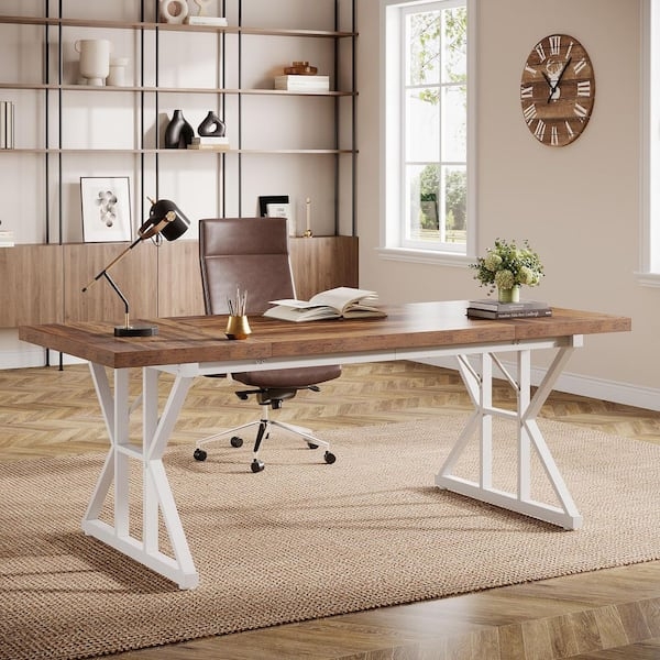 Computer Desk Brown Wood Top White X Shaped Base Industrial Style